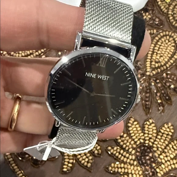Nine West Men's Watch with Black Dial and Silver Mesh Band